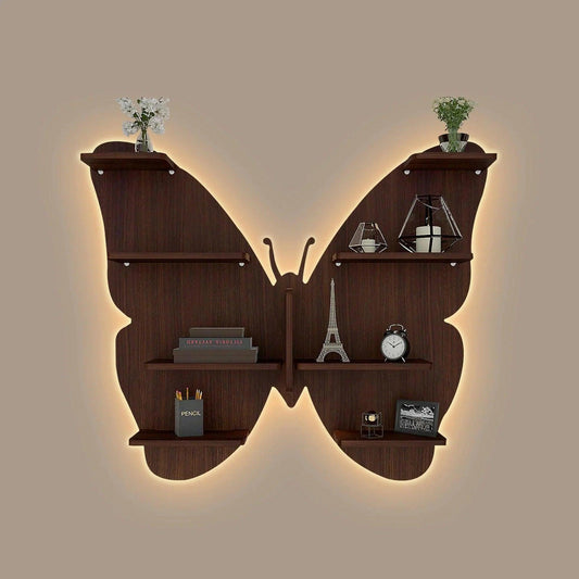 Butterfly Shape Backlit Designer Wooden Wall Shelf / Book Shelf / Night Light, Walnut Finish - Decor Smart
