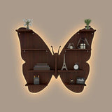 Butterfly Shape Backlit Designer Wooden Wall Shelf / Book Shelf / Night Light, Walnut Finish - Decor Smart