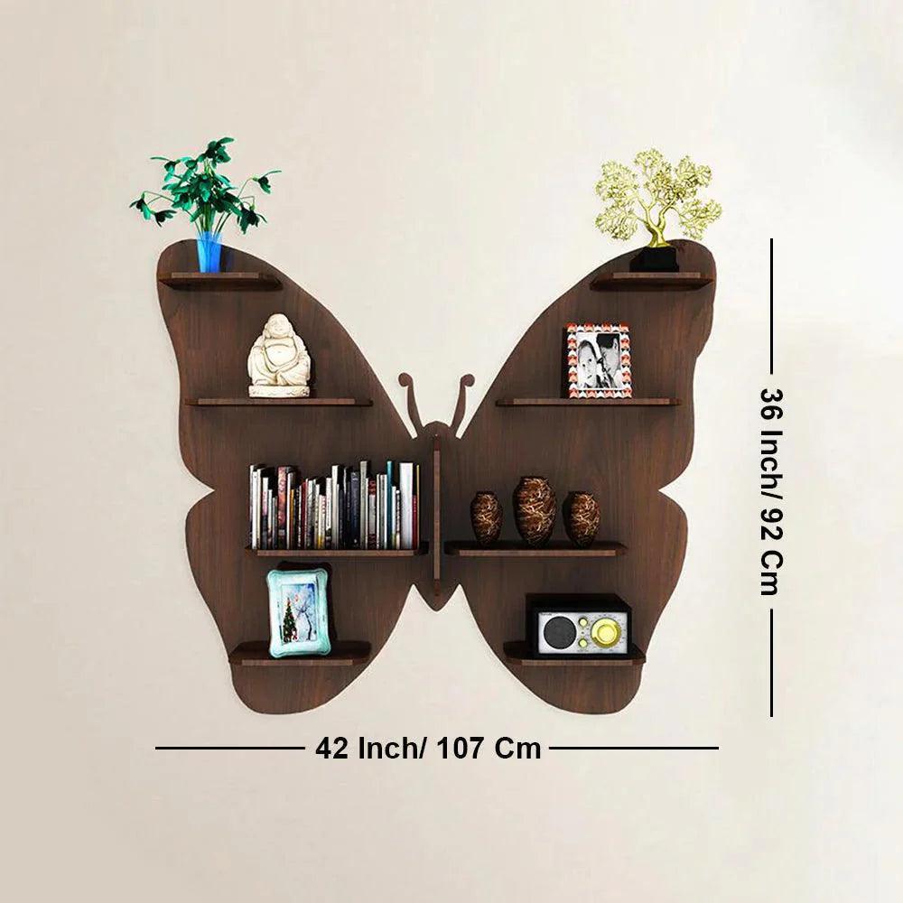 Butterfly Shape Backlit Designer Wooden Wall Shelf / Book Shelf / Night Light, Walnut Finish - Decor Smart