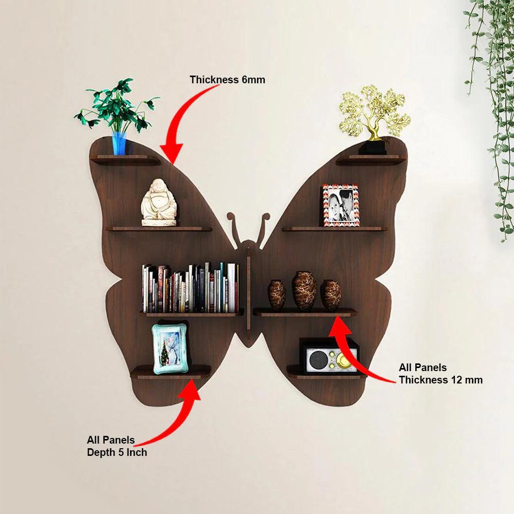 Butterfly Shape Backlit Designer Wooden Wall Shelf / Book Shelf / Night Light, Walnut Finish - Decor Smart