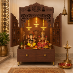 White Wooden Floor Pooja Mandir with Laser-Cut Lotus & Bell Doors Shubh Labh Design Hanging Diya Motifs & Storage Cabinet
