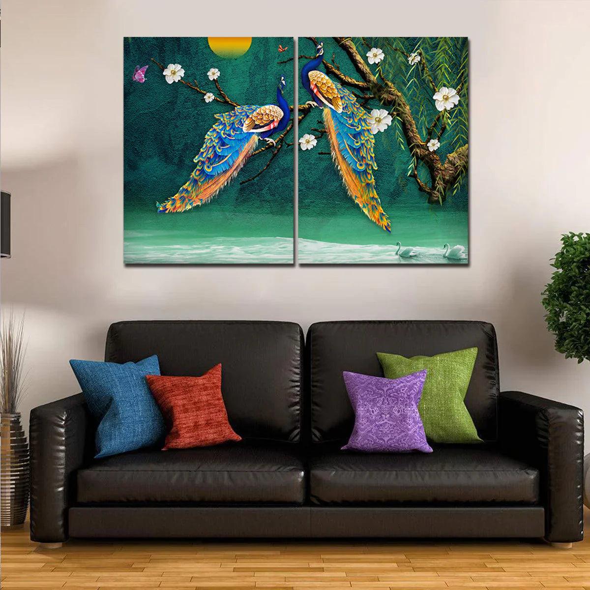 Canvas Bedroom Wall Painting of 2 Pieces Beautiful Bird Couple in Forest - Decor Smart