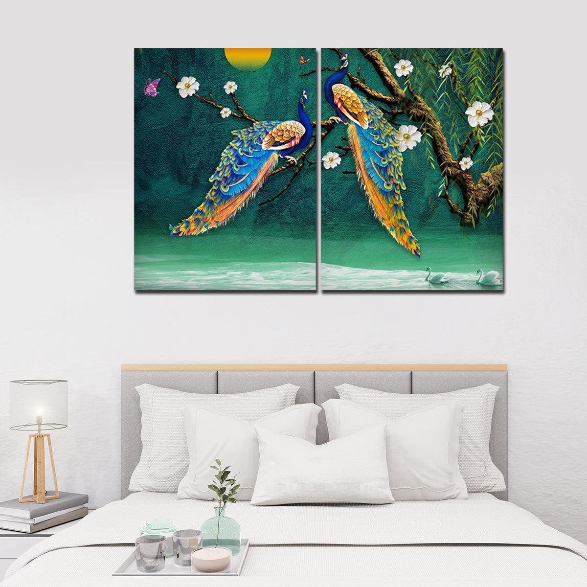 Canvas Bedroom Wall Painting of 2 Pieces Beautiful Bird Couple in Forest - Decor Smart