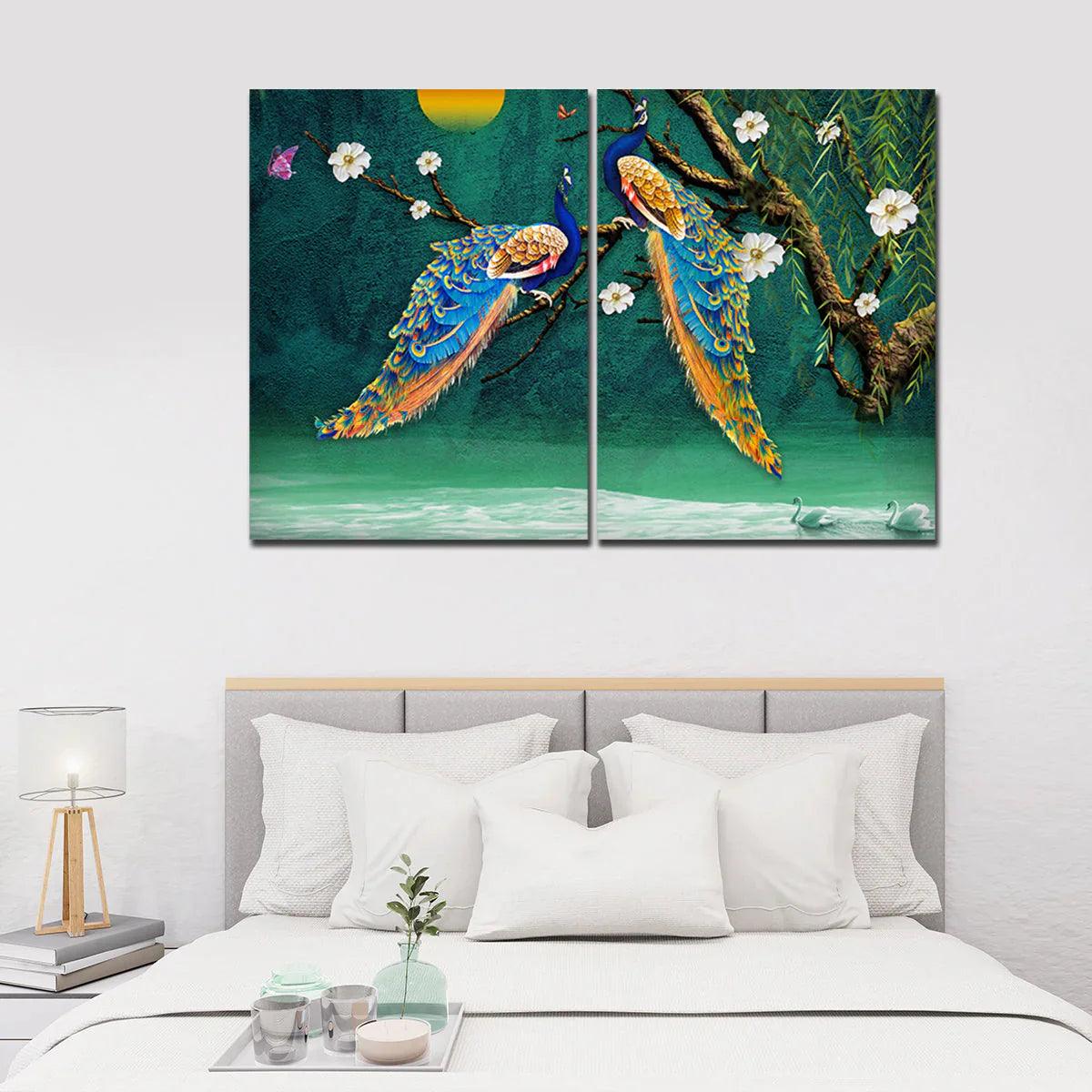 Canvas Bedroom Wall Painting of 2 Pieces Beautiful Bird Couple in Forest - Decor Smart