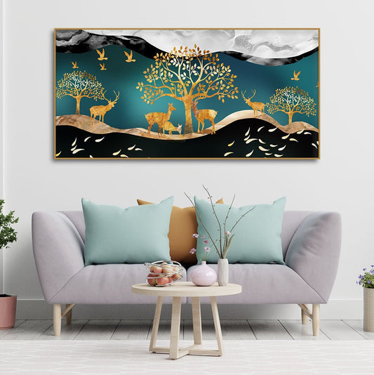 Canvas Wall Painting of Golden Trees With Birds And Deer - Decor Smart