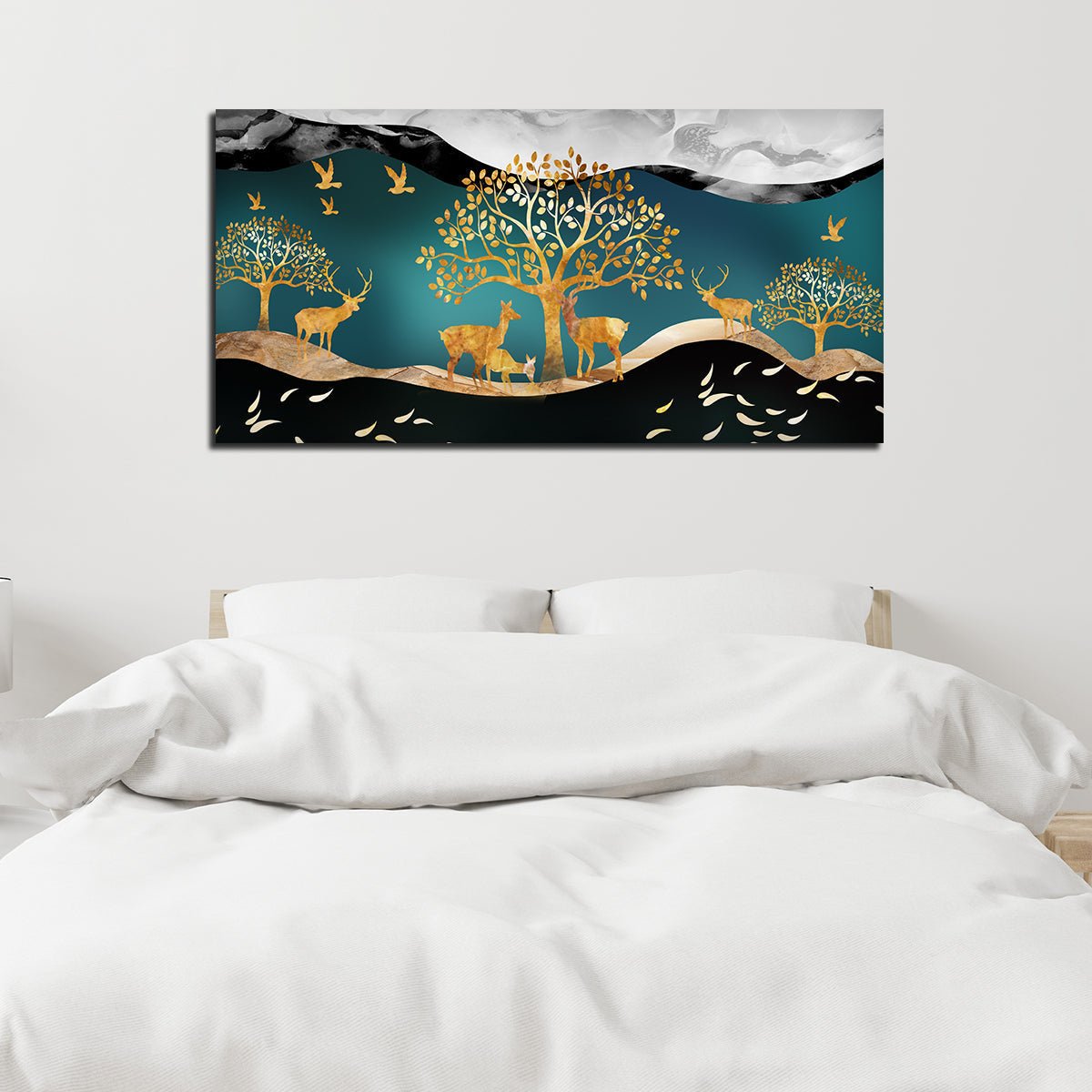 Canvas Wall Painting of Golden Trees With Birds And Deer - Decor Smart