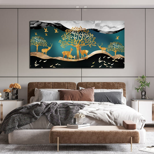 Canvas Wall Painting of Golden Trees With Birds And Deer - Decor Smart