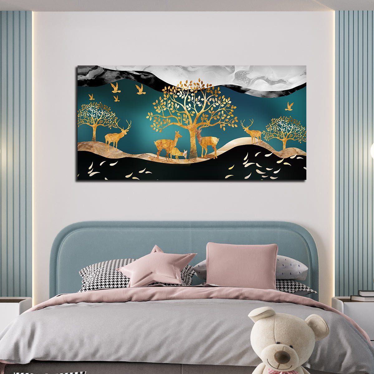 Canvas Wall Painting of Golden Trees With Birds And Deer - Decor Smart