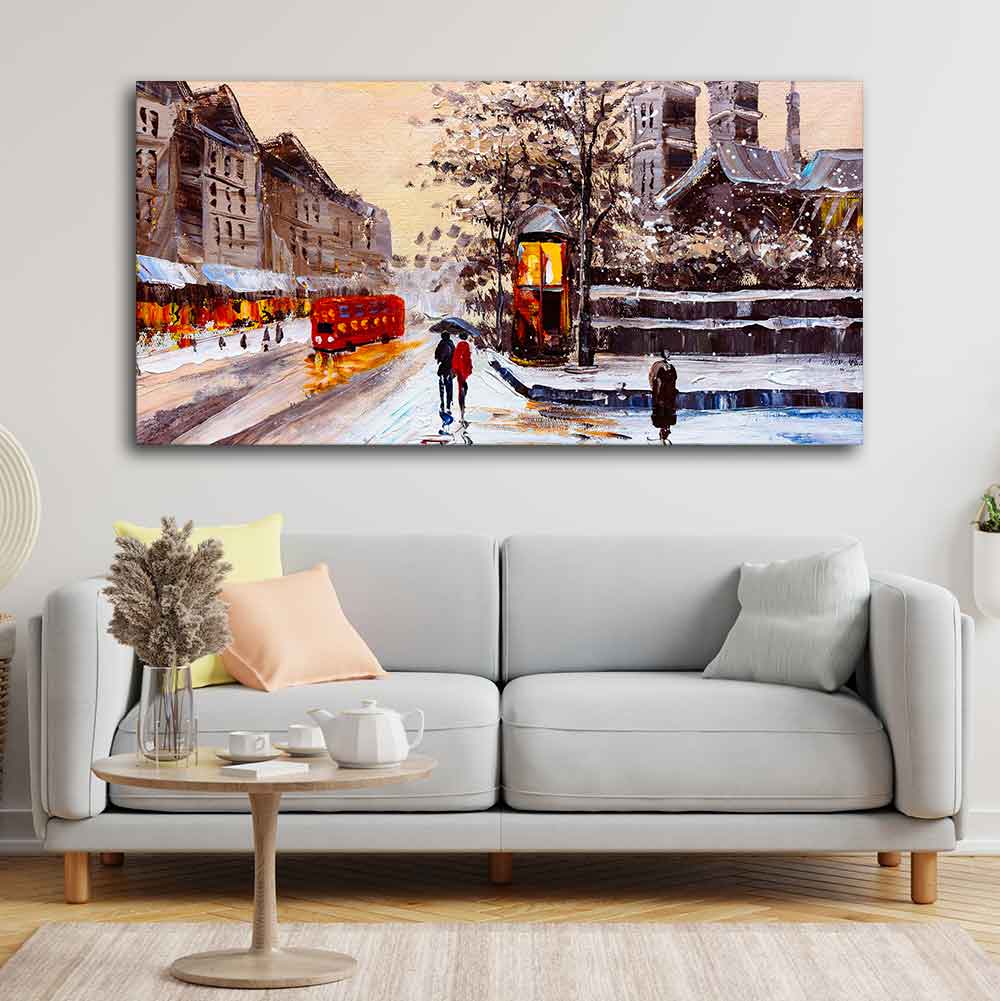 Canvas Wall Painting of Street view of London with Snowfall Background - Decor Smart