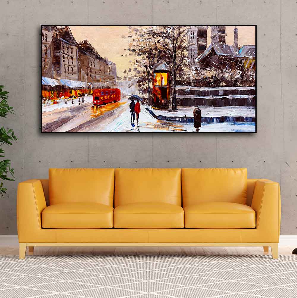 Canvas Wall Painting of Street view of London with Snowfall Background - Decor Smart