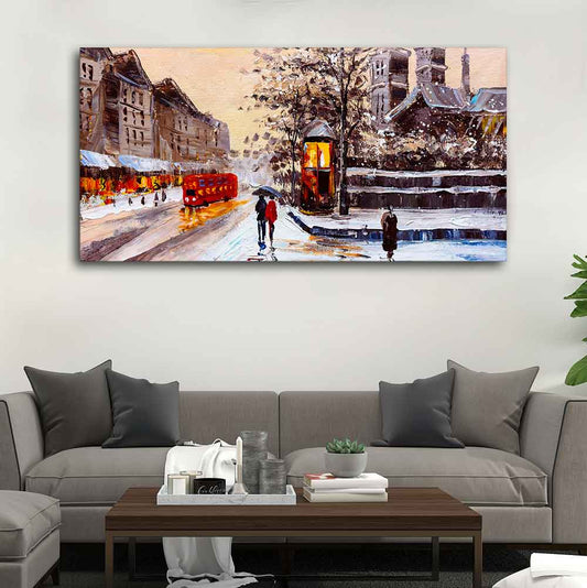Canvas Wall Painting of Street view of London with Snowfall Background - Decor Smart