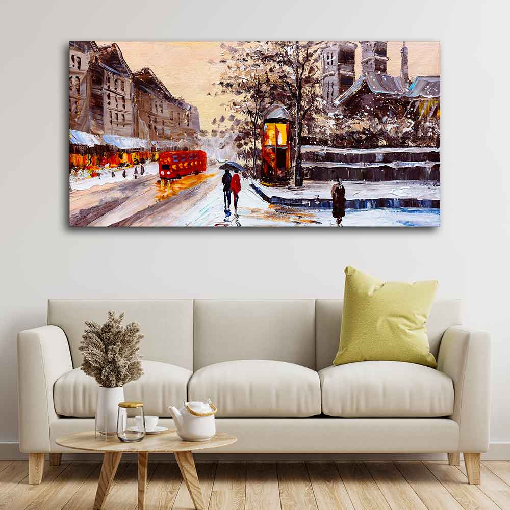 Canvas Wall Painting of Street view of London with Snowfall Background - Decor Smart