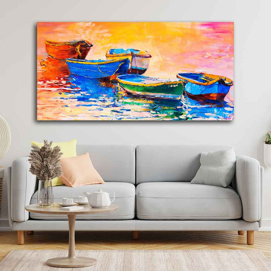 Canvas Wall Painting of The Colorful Boats in Shades of Sunset - Decor Smart