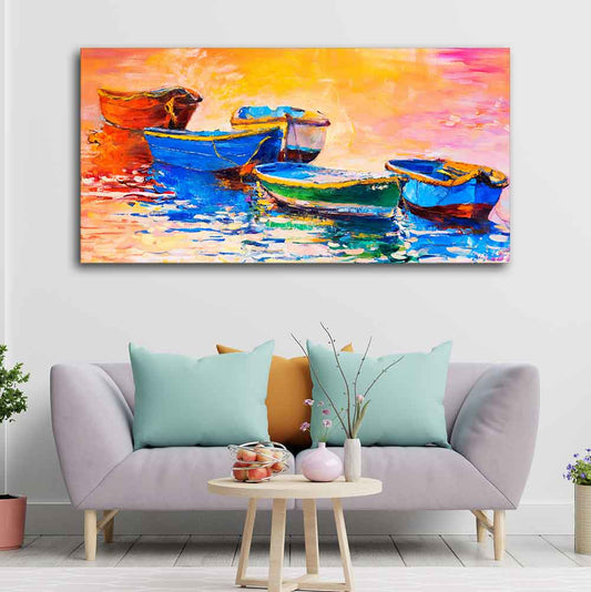 Canvas Wall Painting of The Colorful Boats in Shades of Sunset - Decor Smart