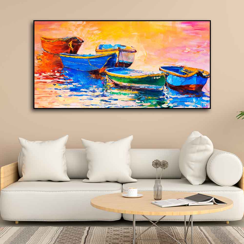 Canvas Wall Painting of The Colorful Boats in Shades of Sunset - Decor Smart
