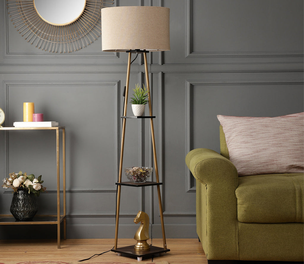 Castle 3 Tier Beige Color Shelf Storage Floor Lamp with Golden Metal Legs