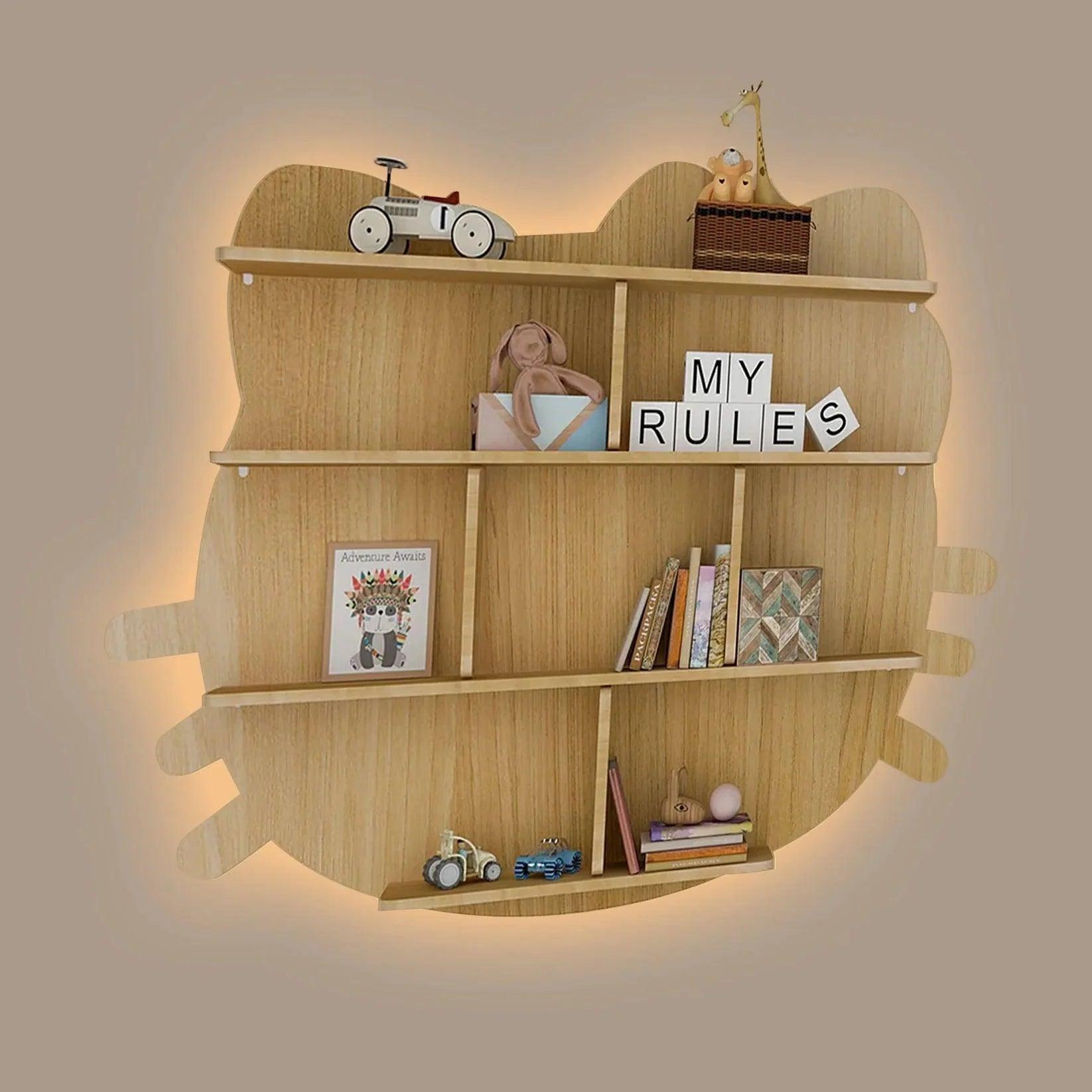 Cat Shape Backlit Designer Wooden Wall Shelf / Book Shelf / Night Light, Oak Finish - Decor Smart