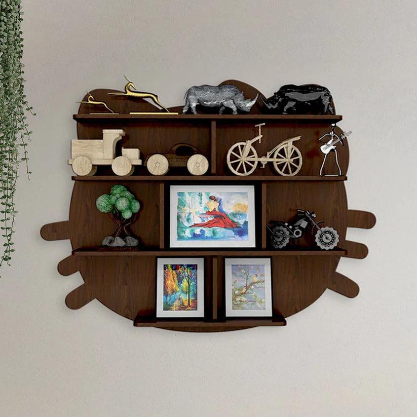 Cat Shape Backlit Designer Wooden Wall Shelf / Book Shelf / Night Light, Walnut Finish - Decor Smart