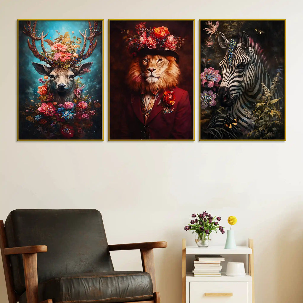 Charming Stag, Lion in Hat & Elegant Zebra Floating Frame Crystal Wall Painting Set of 3
