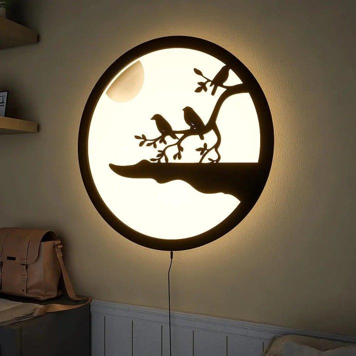 Chirping Birds Rounded Backlit Wooden Wall Decor with LED Night Light - Decor Smart