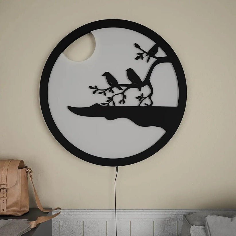 Chirping Birds Rounded Backlit Wooden Wall Decor with LED Night Light - Decor Smart