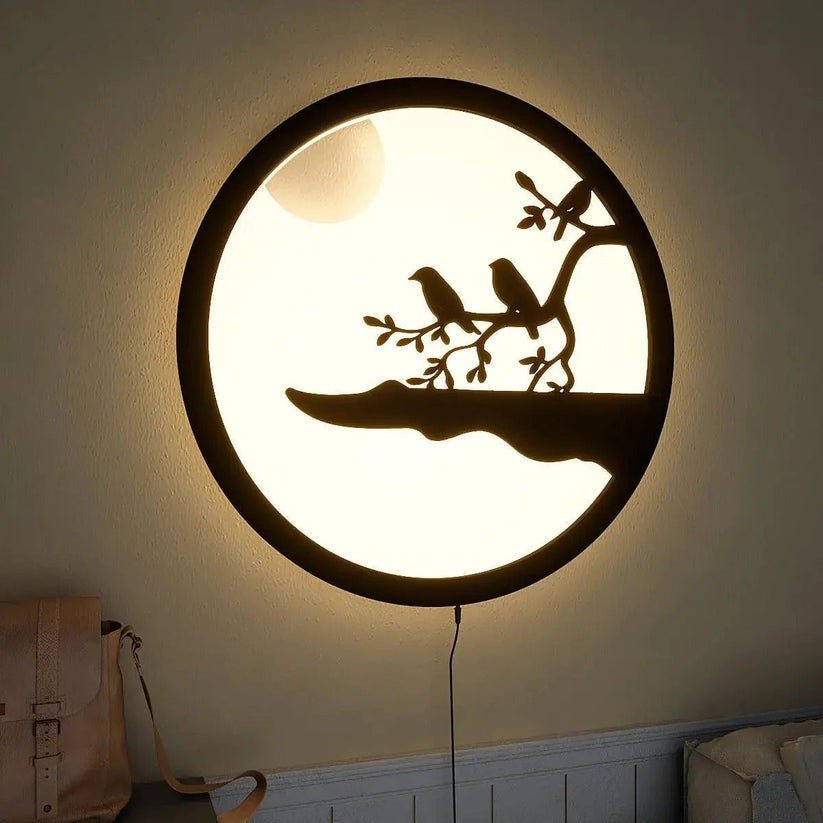 Chirping Birds Rounded Backlit Wooden Wall Decor with LED Night Light - Decor Smart