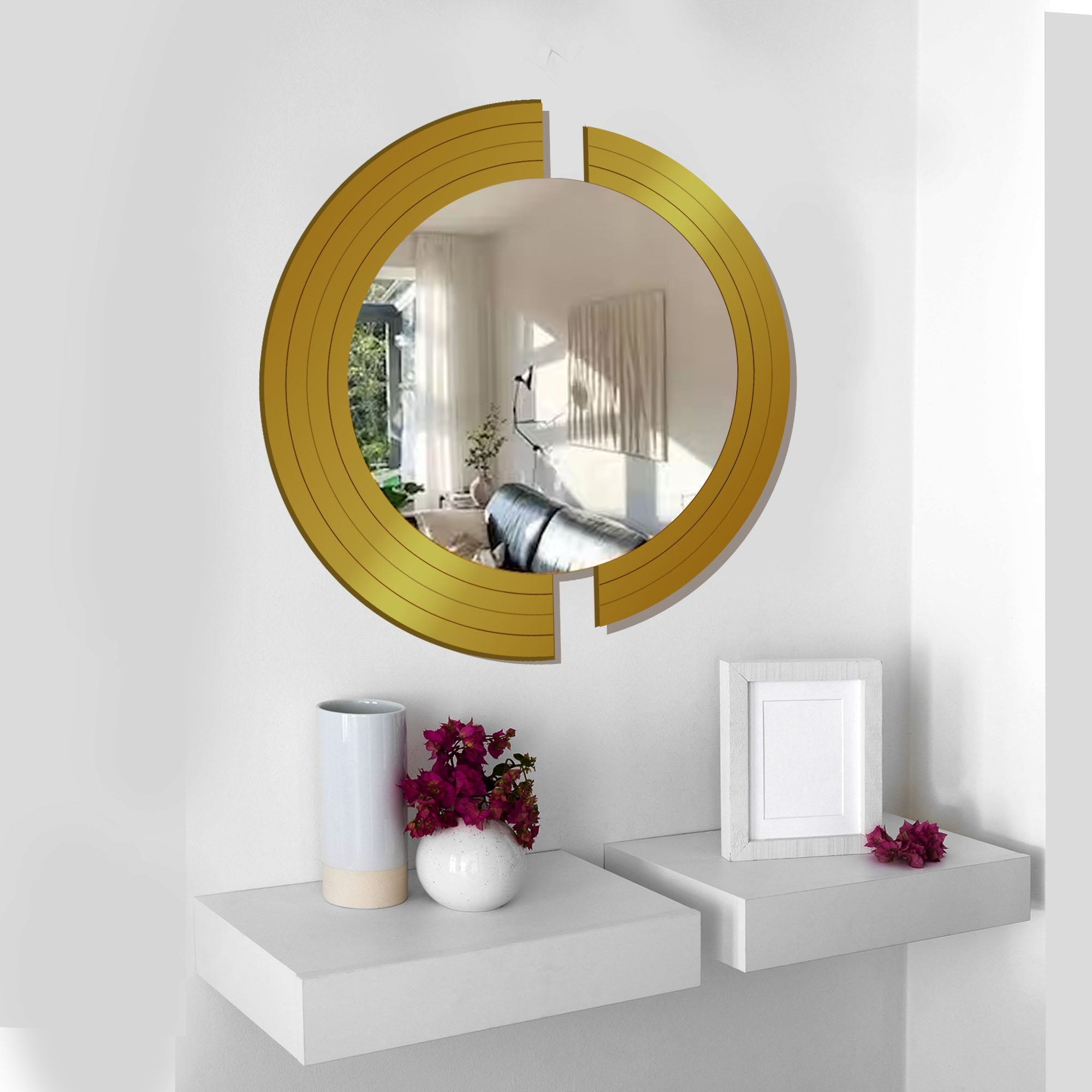 Circle In 2 Pieces Design Wood Wall Mirror With Gold Texture - Decor Smart