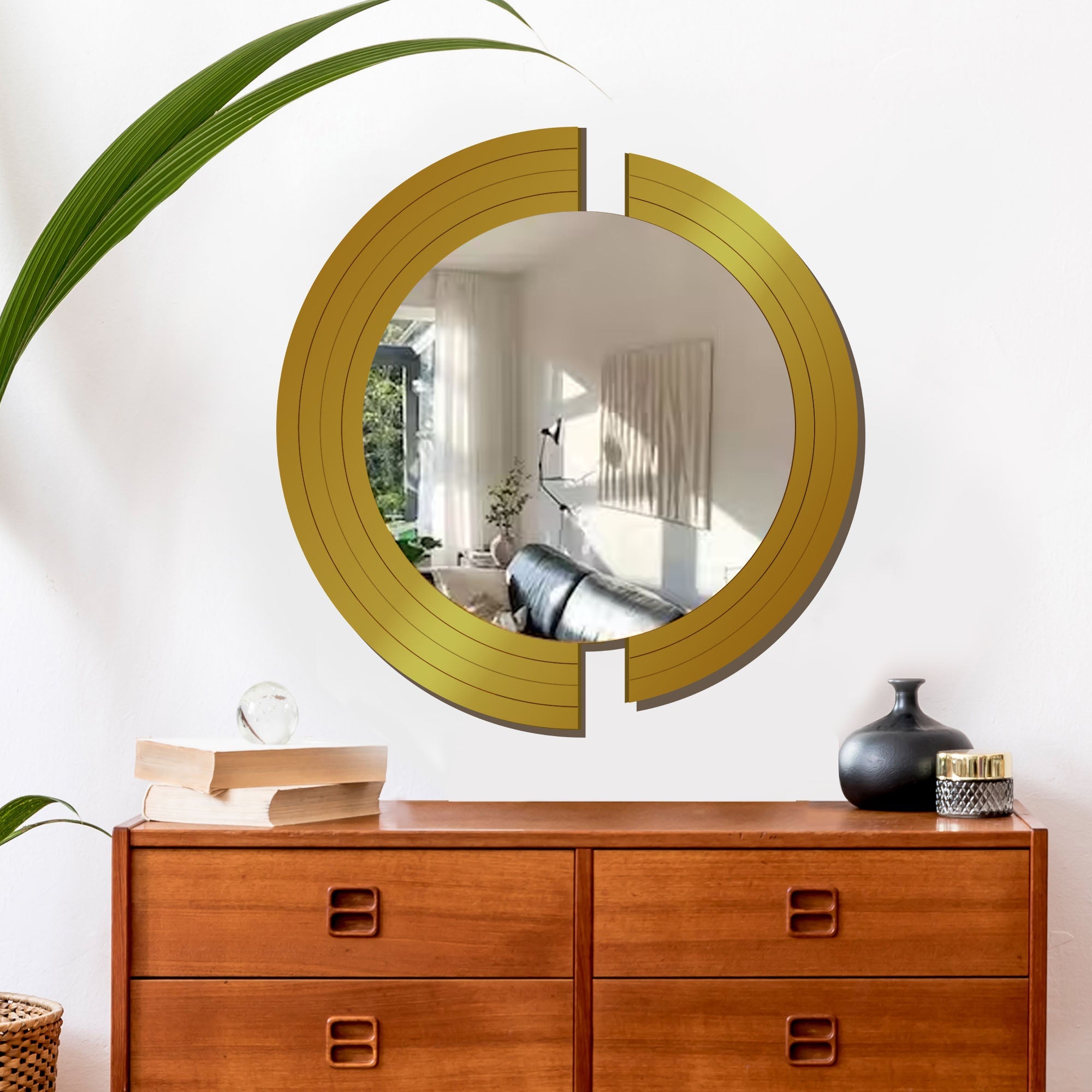 Circle In 2 Pieces Design Wood Wall Mirror With Gold Texture - Decor Smart