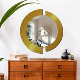 Circle In 2 Pieces Design Wood Wall Mirror With Gold Texture - Decor Smart