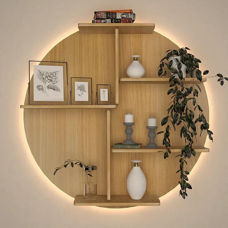 Circle Shape Backlit Designer Wooden Wall Shelf / Book Shelf / Night Light, Oak Finish - Decor Smart