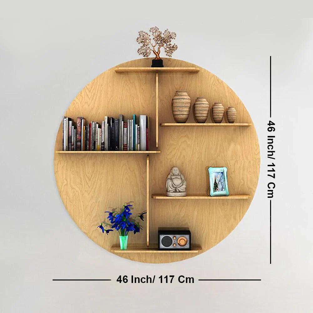 Circle Shape Backlit Designer Wooden Wall Shelf / Book Shelf / Night Light, Oak Finish - Decor Smart