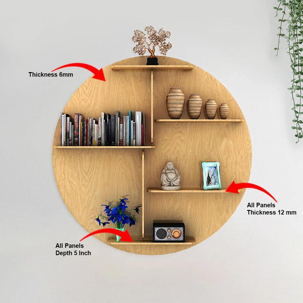 Circle Shape Backlit Designer Wooden Wall Shelf / Book Shelf / Night Light, Oak Finish - Decor Smart