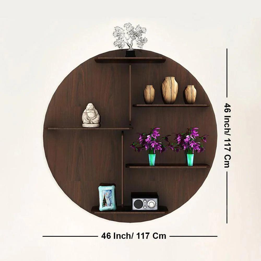 Circle Shape Dark Backlit Designer Wooden Wall Shelf / Book Shelf / Night Light, Walnut Finish - Decor Smart
