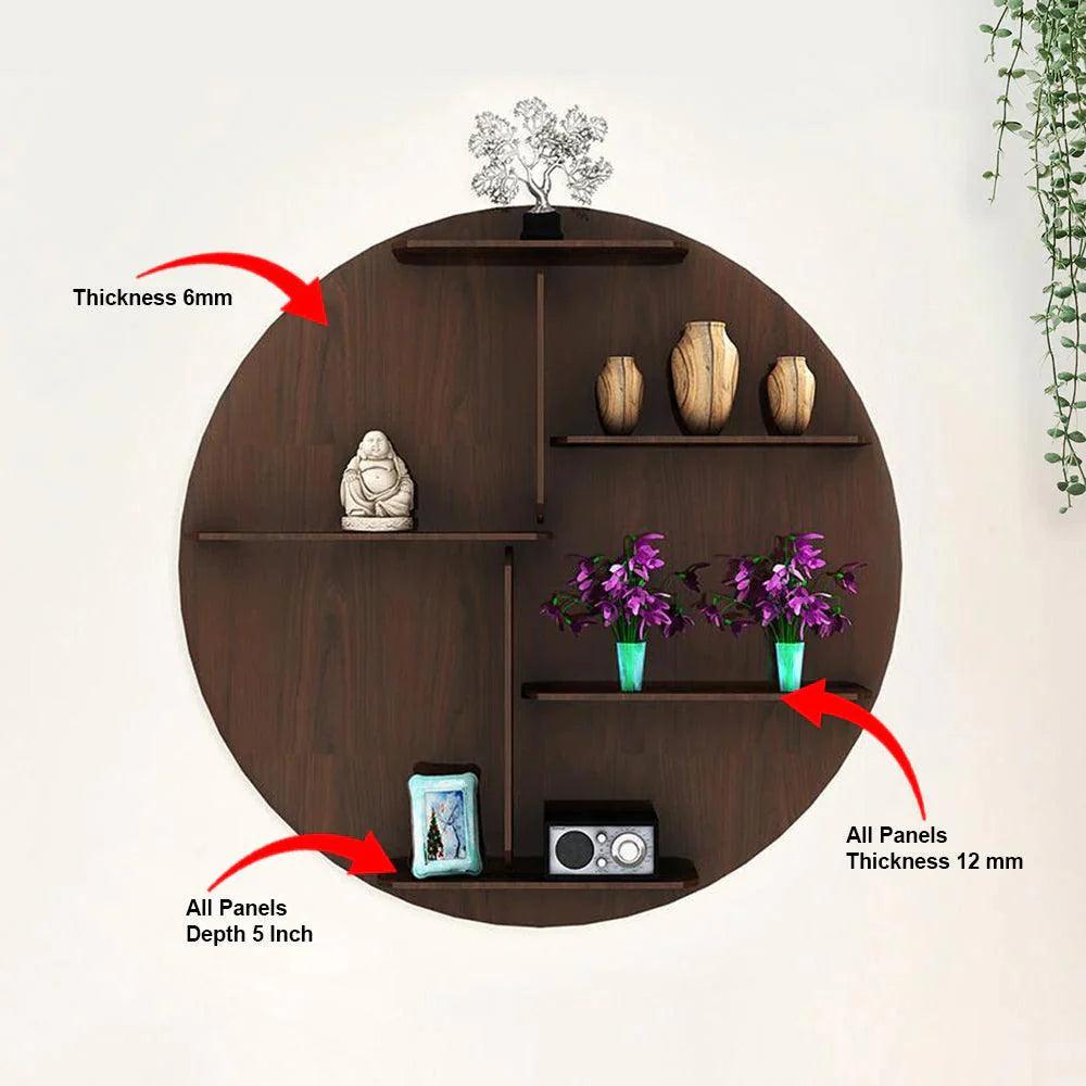 Circle Shape Dark Backlit Designer Wooden Wall Shelf / Book Shelf / Night Light, Walnut Finish - Decor Smart