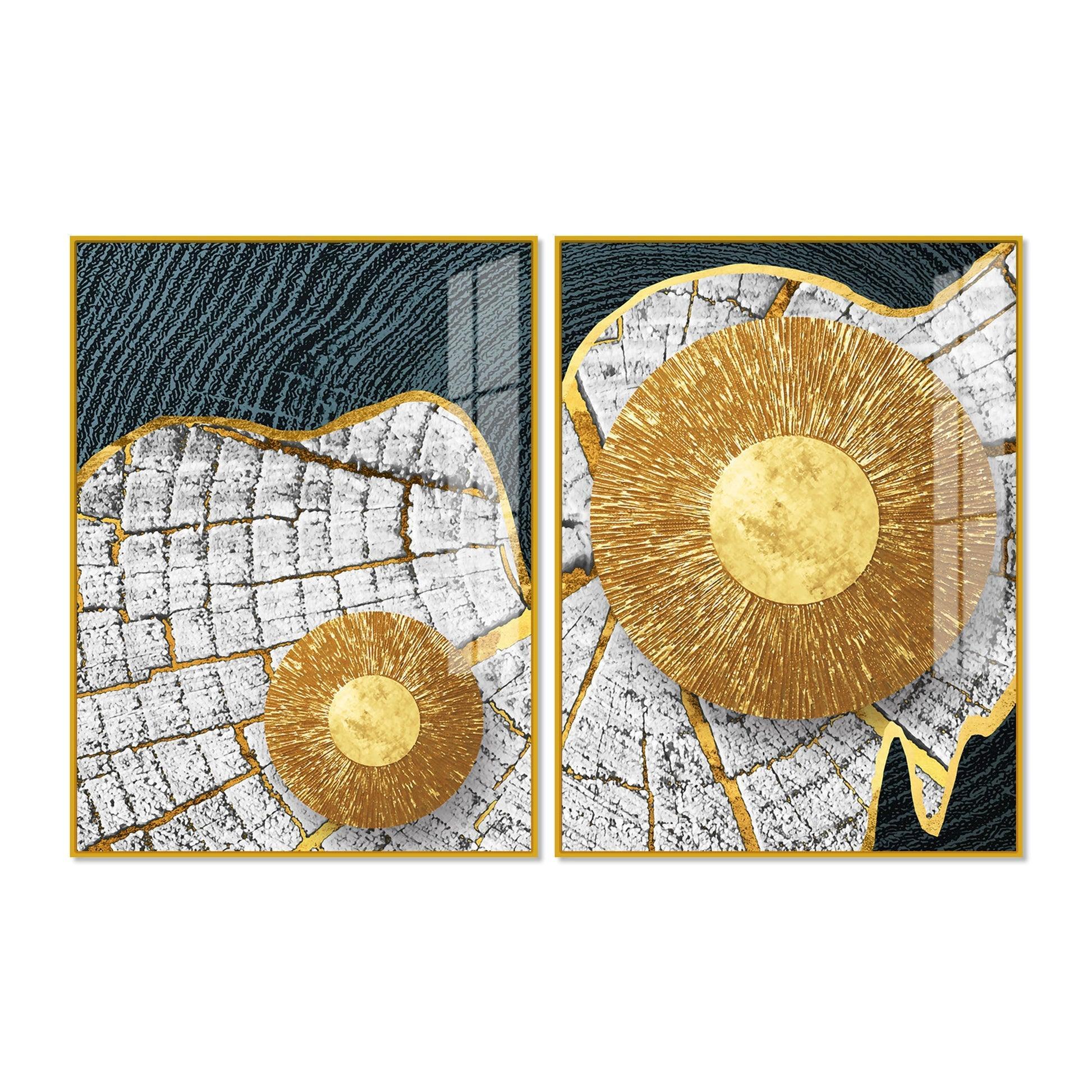 Circular Golden Pattern Acrylic Floating Wall Painting Set of 2 - Decor Smart