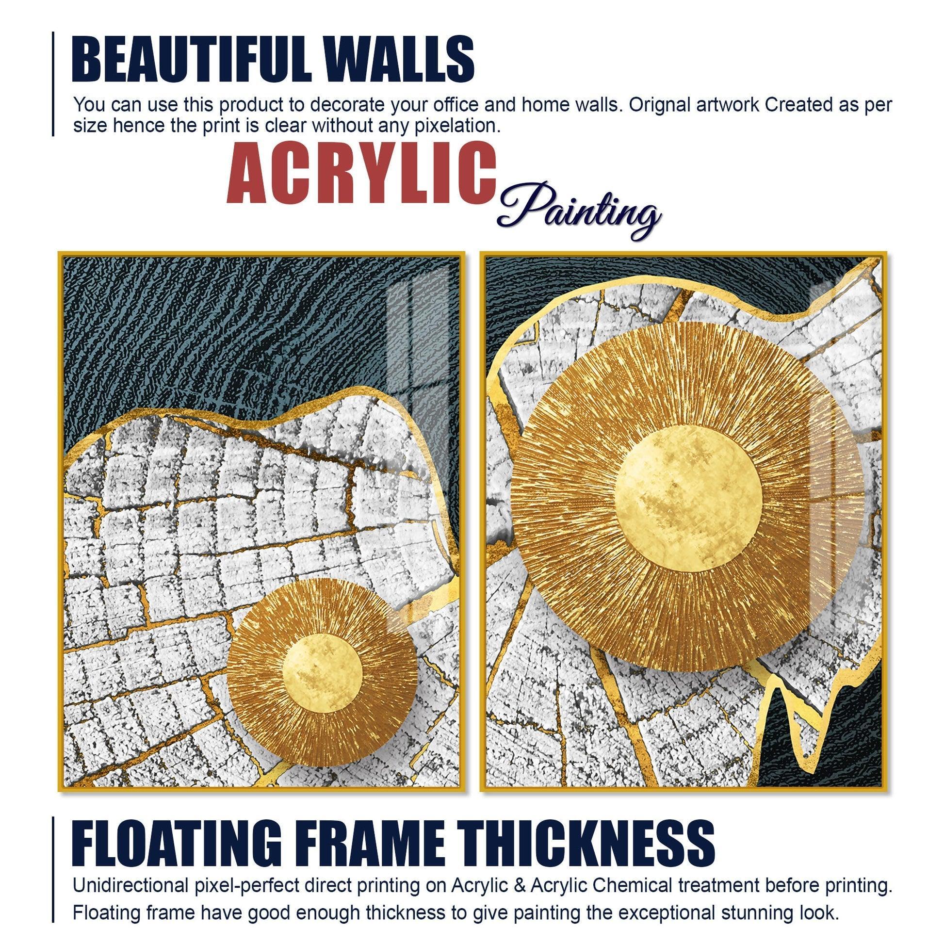 Circular Golden Pattern Acrylic Floating Wall Painting Set of 2 - Decor Smart