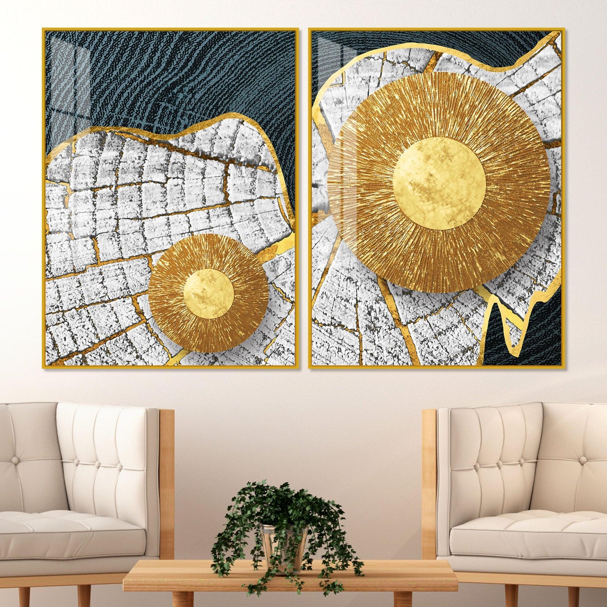 Circular Golden Pattern Acrylic Floating Wall Painting Set of 2 - Decor Smart