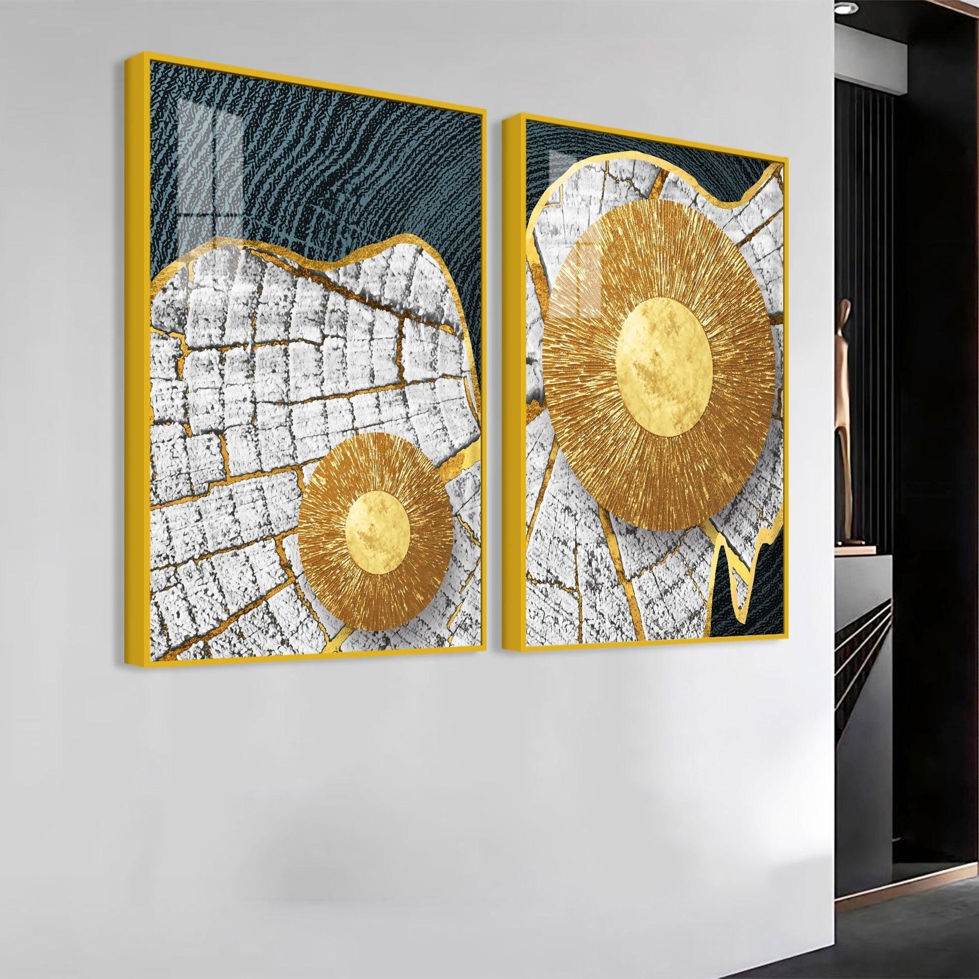 Circular Golden Pattern Acrylic Floating Wall Painting Set of 2 - Decor Smart