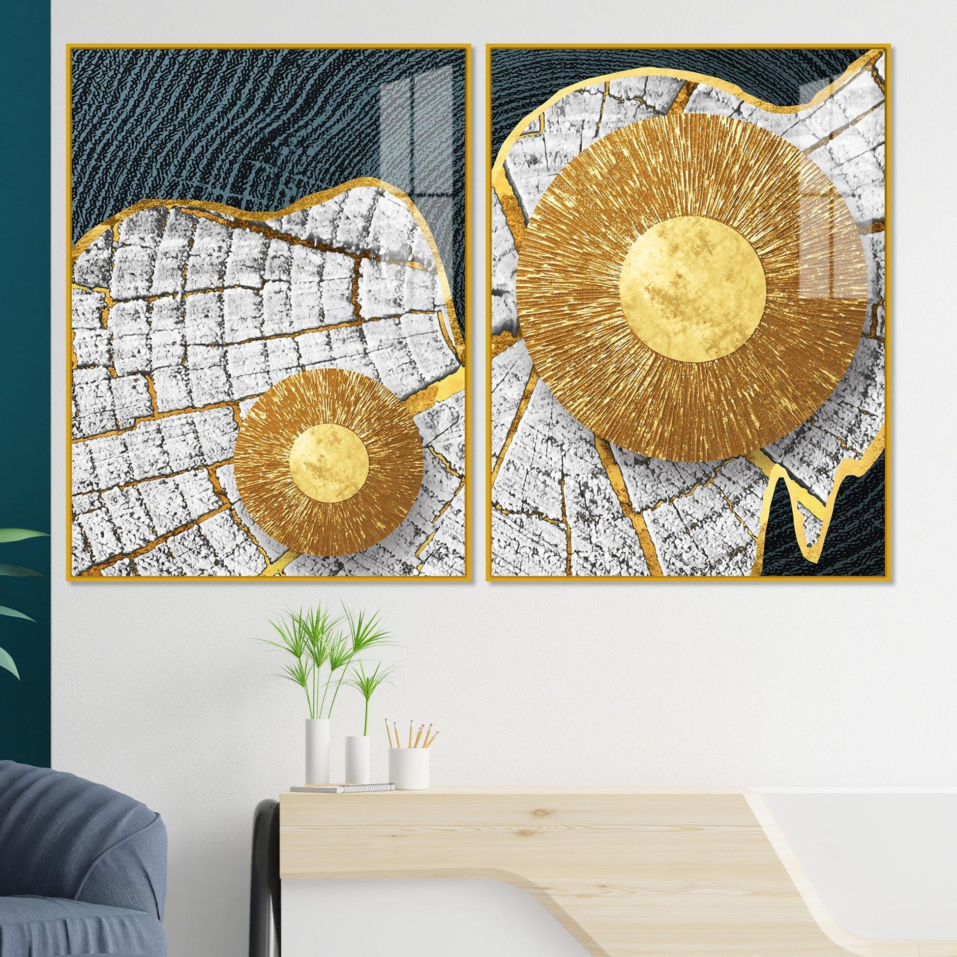 Circular Golden Pattern Acrylic Floating Wall Painting Set of 2 - Decor Smart