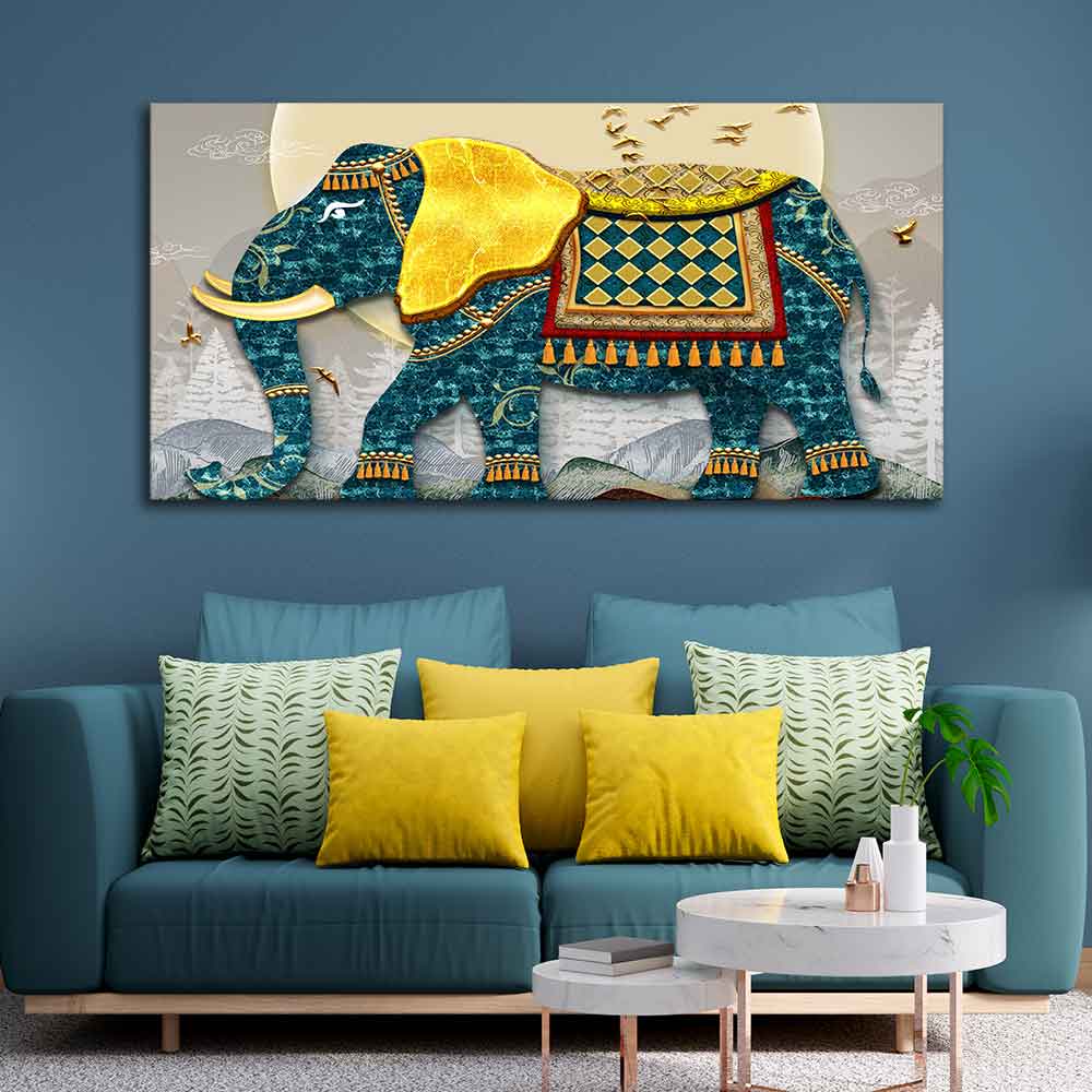 Classic and Royal Elephant with Golden Tusks wall Painting - Decor Smart
