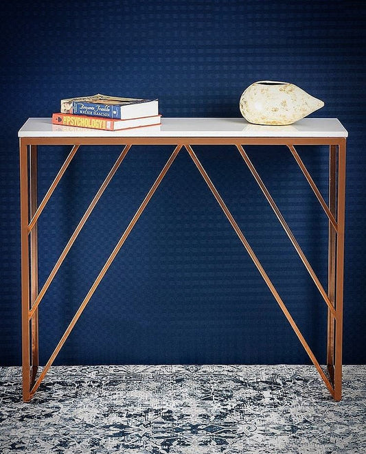 Classic Design Console Table White Rectangular Shape with Copper Metal Finish - Decor Smart