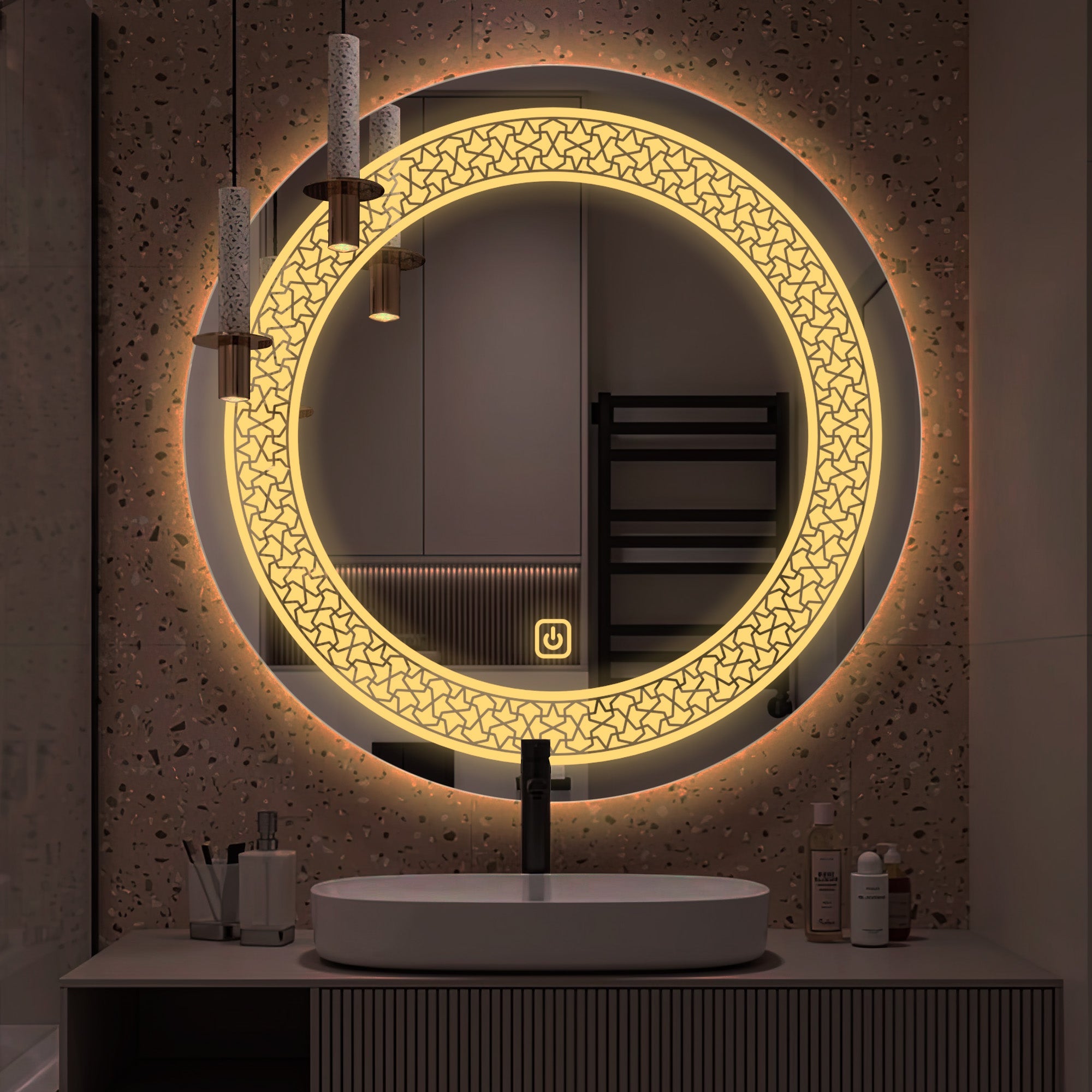 Classic Pattern Design Art LED Rounded Shape Bathroom Wall Mirror - Decor Smart