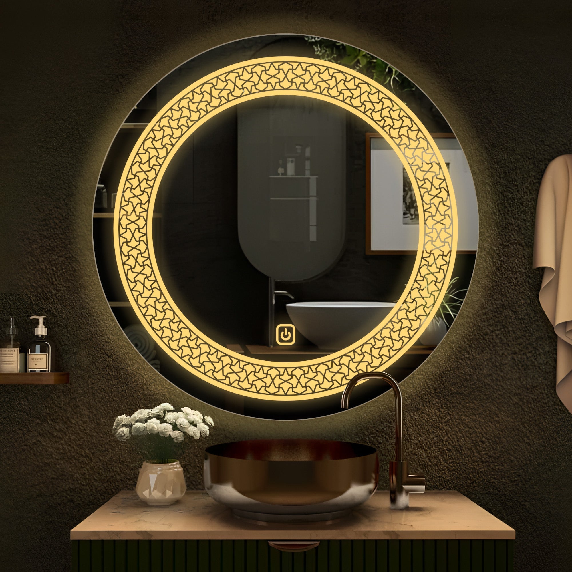 Classic Pattern Design Art LED Rounded Shape Bathroom Wall Mirror - Decor Smart
