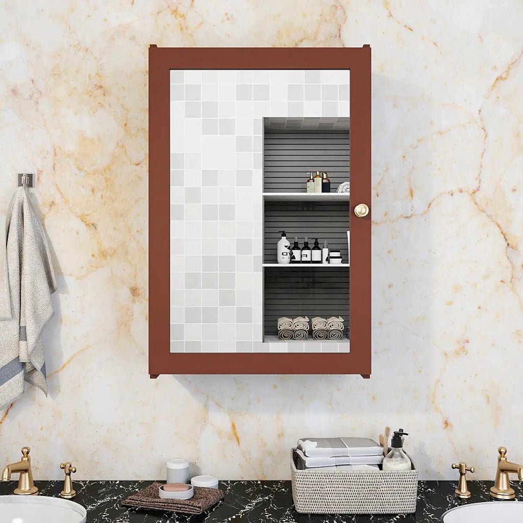 Classic Structured Wooden Bathroom Cabinet Mirror with 7 Spacious Shelves with Solid Brown Finish - Decor Smart