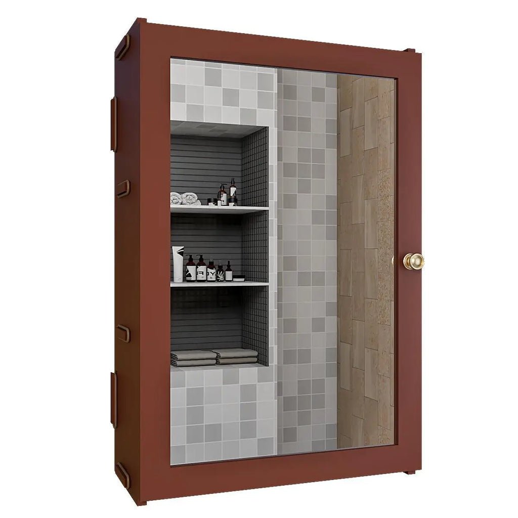 Classic Structured Wooden Bathroom Cabinet Mirror with 7 Spacious Shelves with Solid Brown Finish - Decor Smart