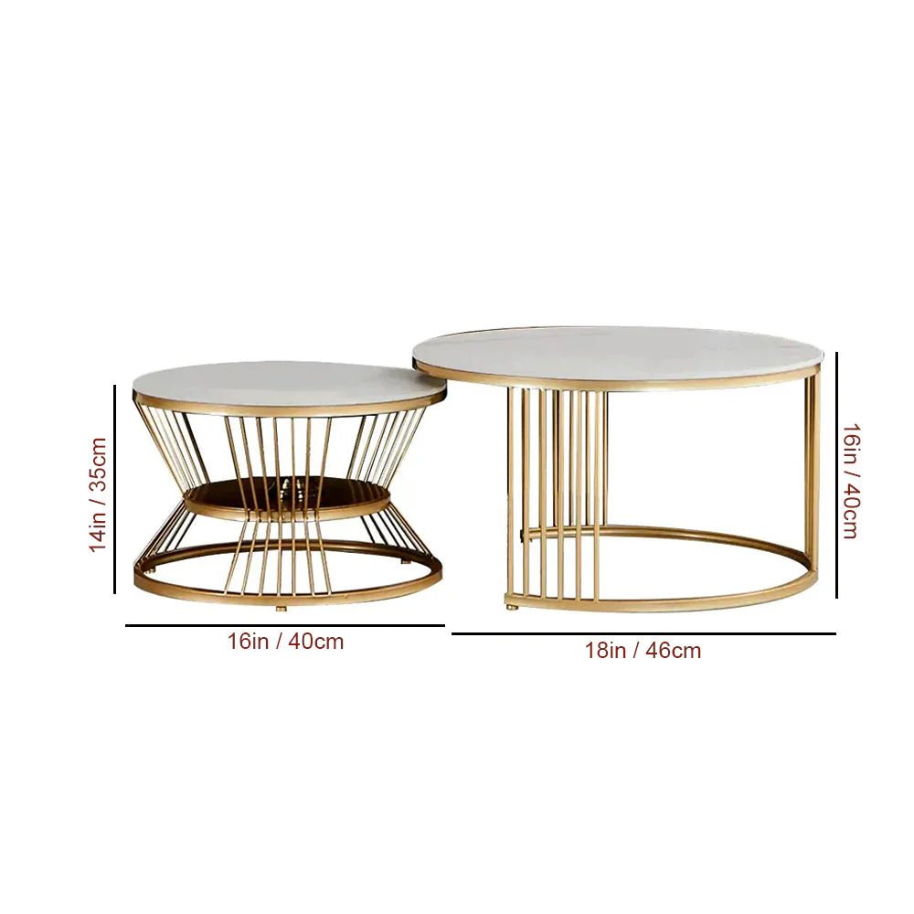 Classic Style White Marble Complementing Golden Coffee Table Set of 2 - Decor Smart