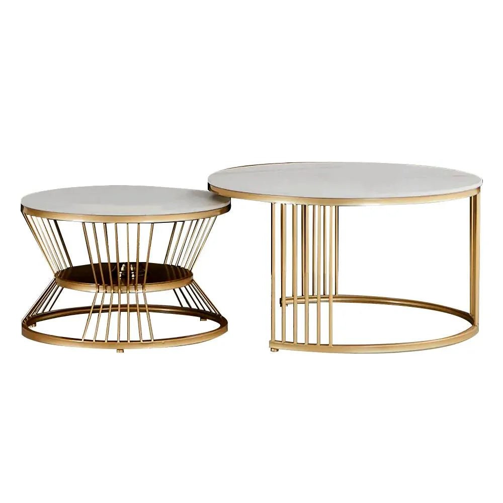 Classic Style White Marble Complementing Golden Coffee Table Set of 2 - Decor Smart