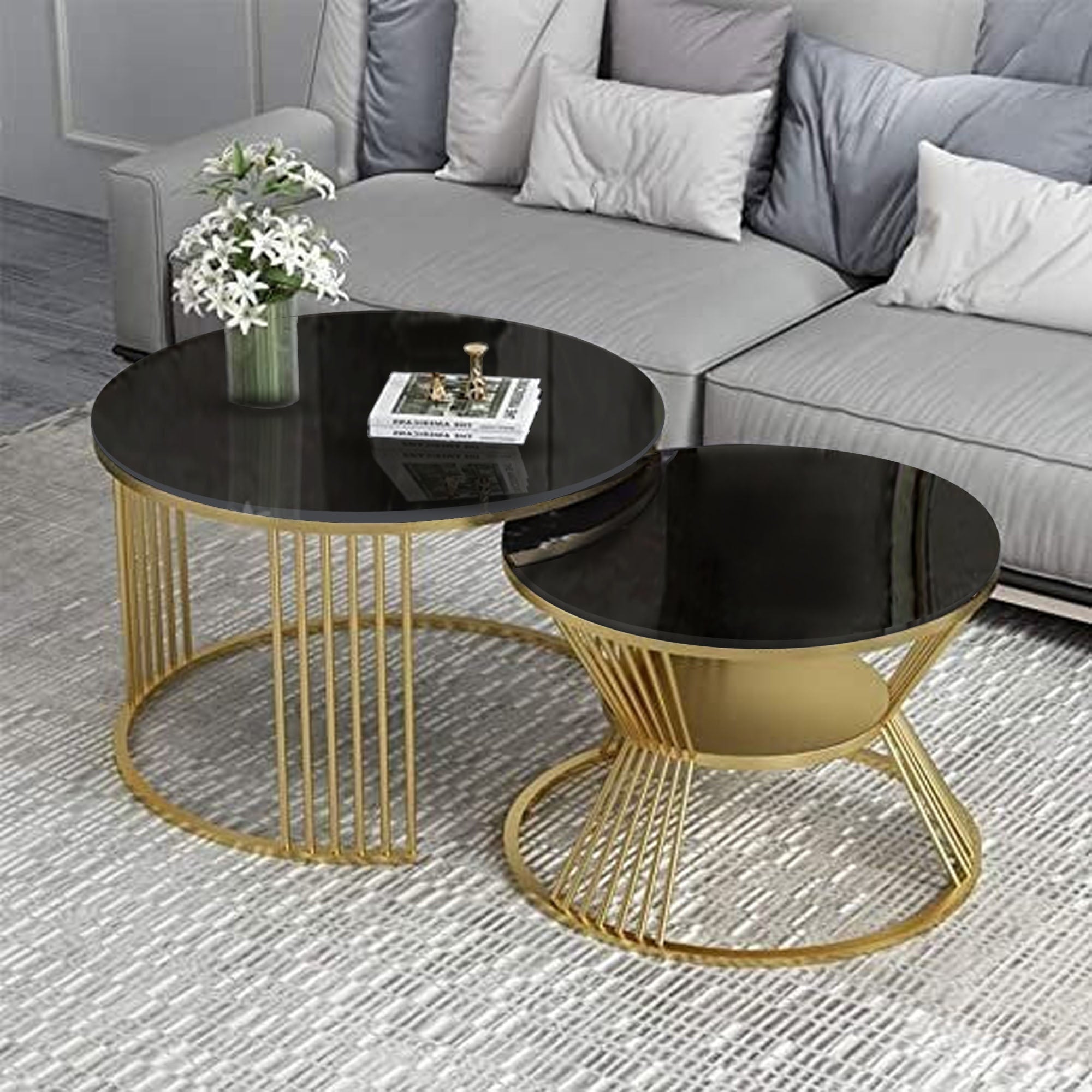 Classic Tethered Metallic Black Marble Table Set of 2 - Decor Smart