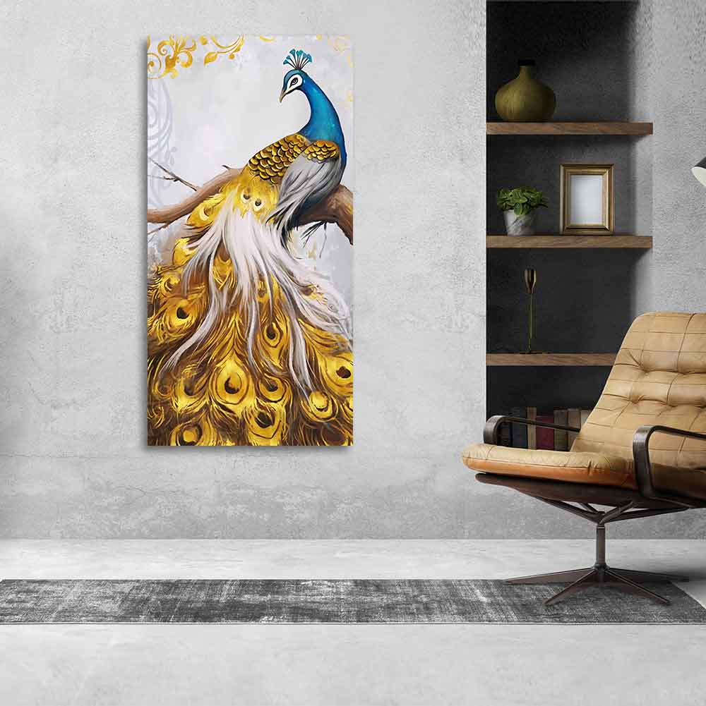 Classic Wall Painting of A Golden Feather Peacock - Decor Smart