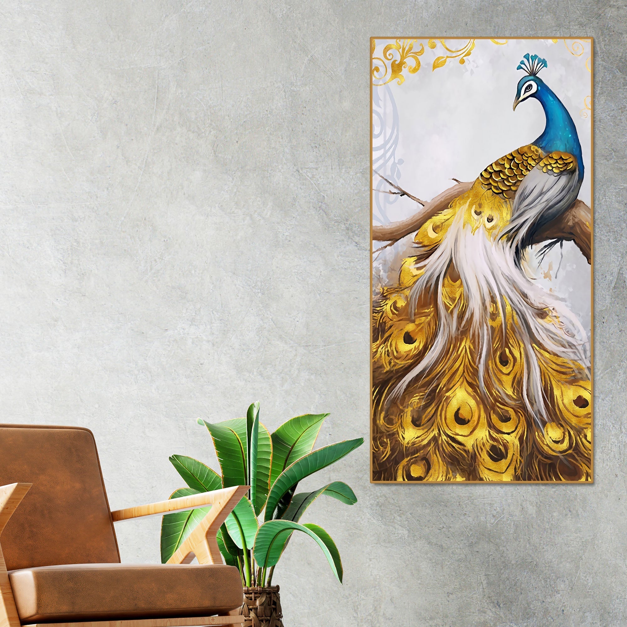 Classic Wall Painting of A Golden Feather Peacock - Decor Smart